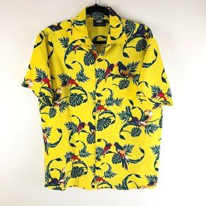 Lowes Mens Button Down Shirt Tropical Birds Palm Hawaiian Yellow S